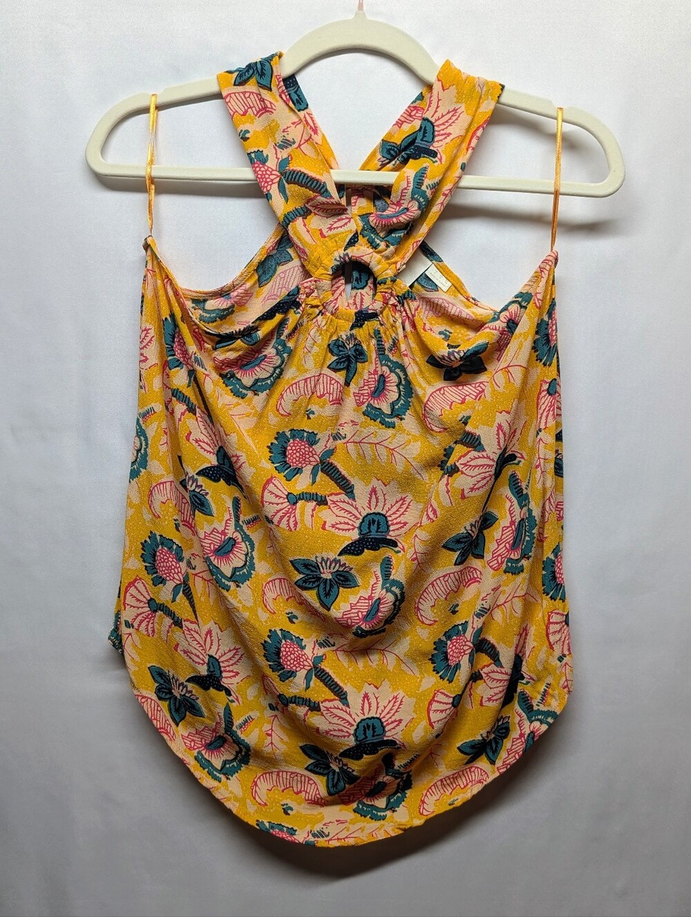 253.Anthropologie Maeve‎ Yellow Floral Racerback Tank with Pink & Teal Accents